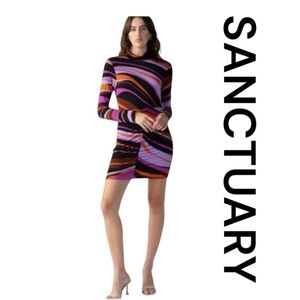 SANCTUARY Abstract Mock Neck Shirred Bodycon Mini Dress, Size XS.